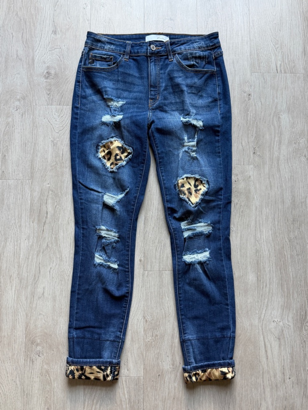 KanCan Dark Blue Distressed Skinny Jeans Leopard Print Patchwork 9/28